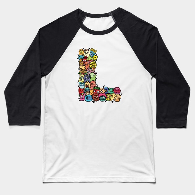 Alphabet Monster Doodle Letter L Monogram Baseball T-Shirt by Irene Koh Studio